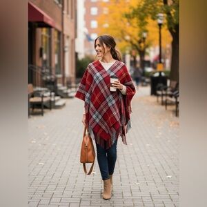 NWT! Red Plaid Poncho Wrap Cape